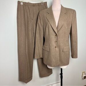 Escada Vintage Taupe Pinstripe Wool Suit Blazer US 8, Pants Size 6 Tailored Set